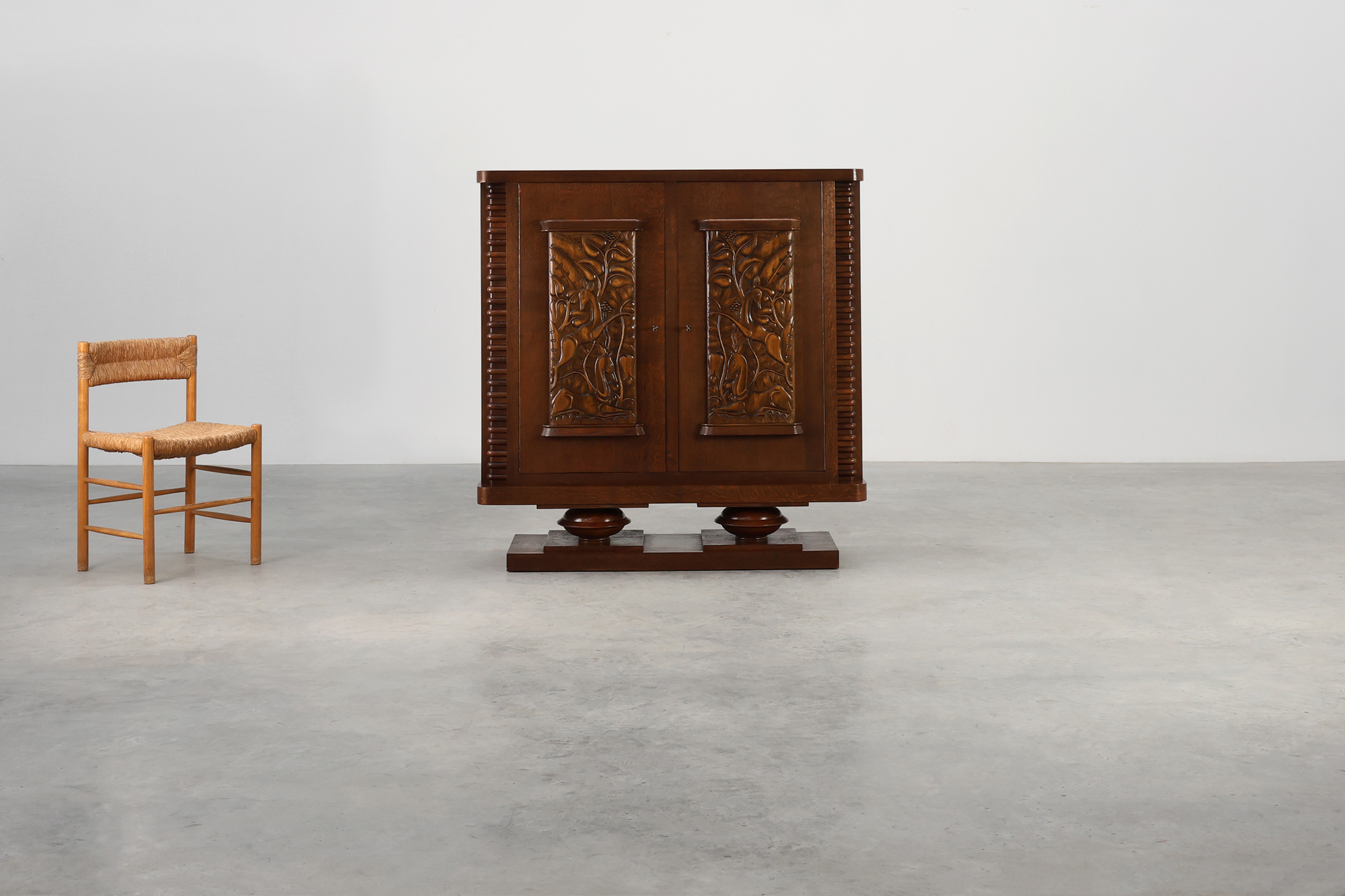Art Deco Oak Cabinet with Sculptural Carving by Jacques Klein, France 1925 thumbnail